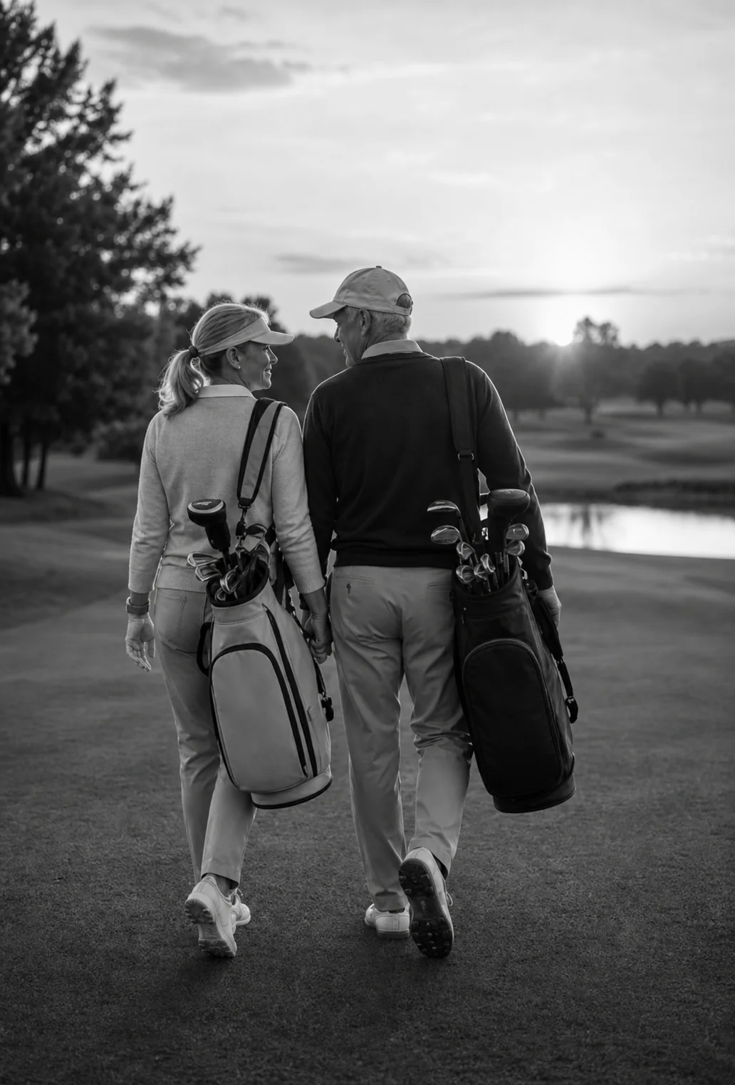 Koppel met golfzakken dat samen over een golfdomein wandelt